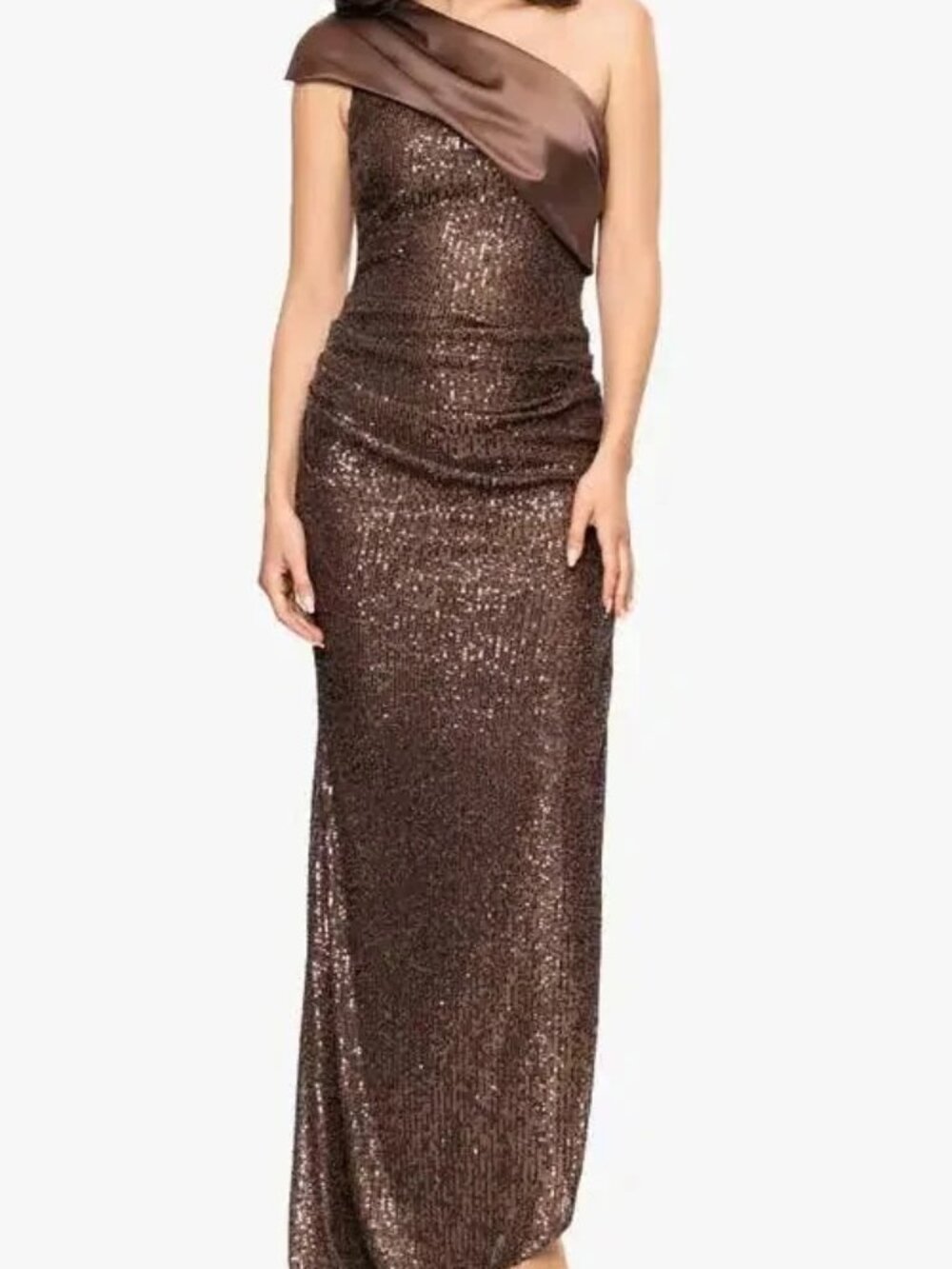 Betsy and Adam Mocha Brown Bow Embroidered Sequin Sleeveless Gown